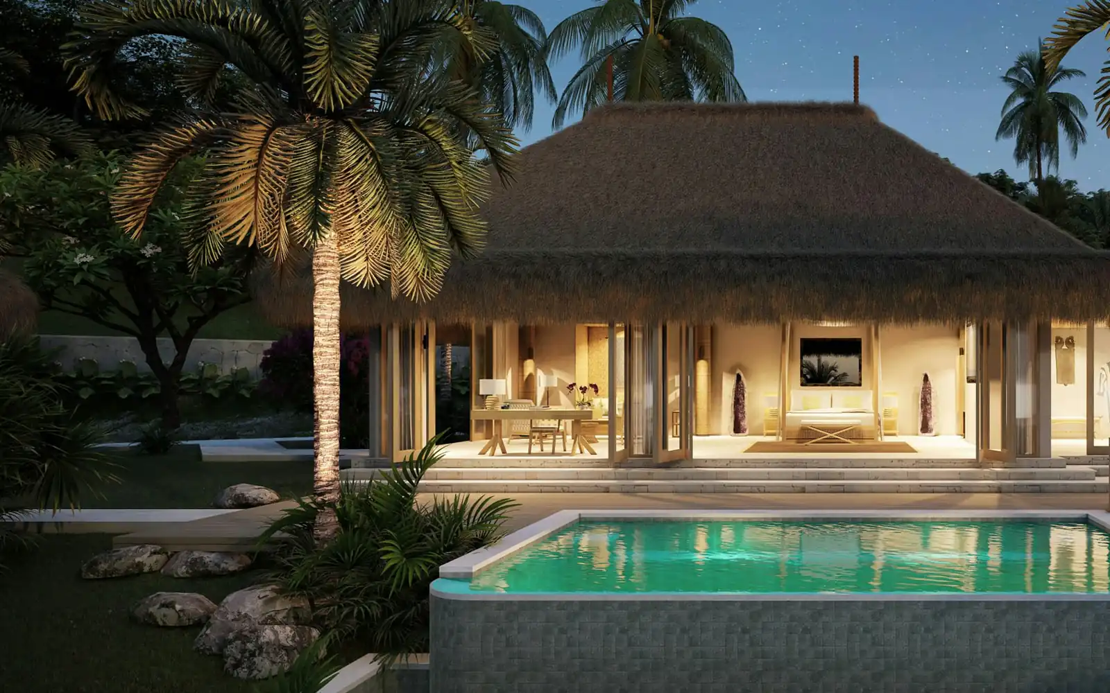 Open-pavilion villa lit at dusk beside a private pool