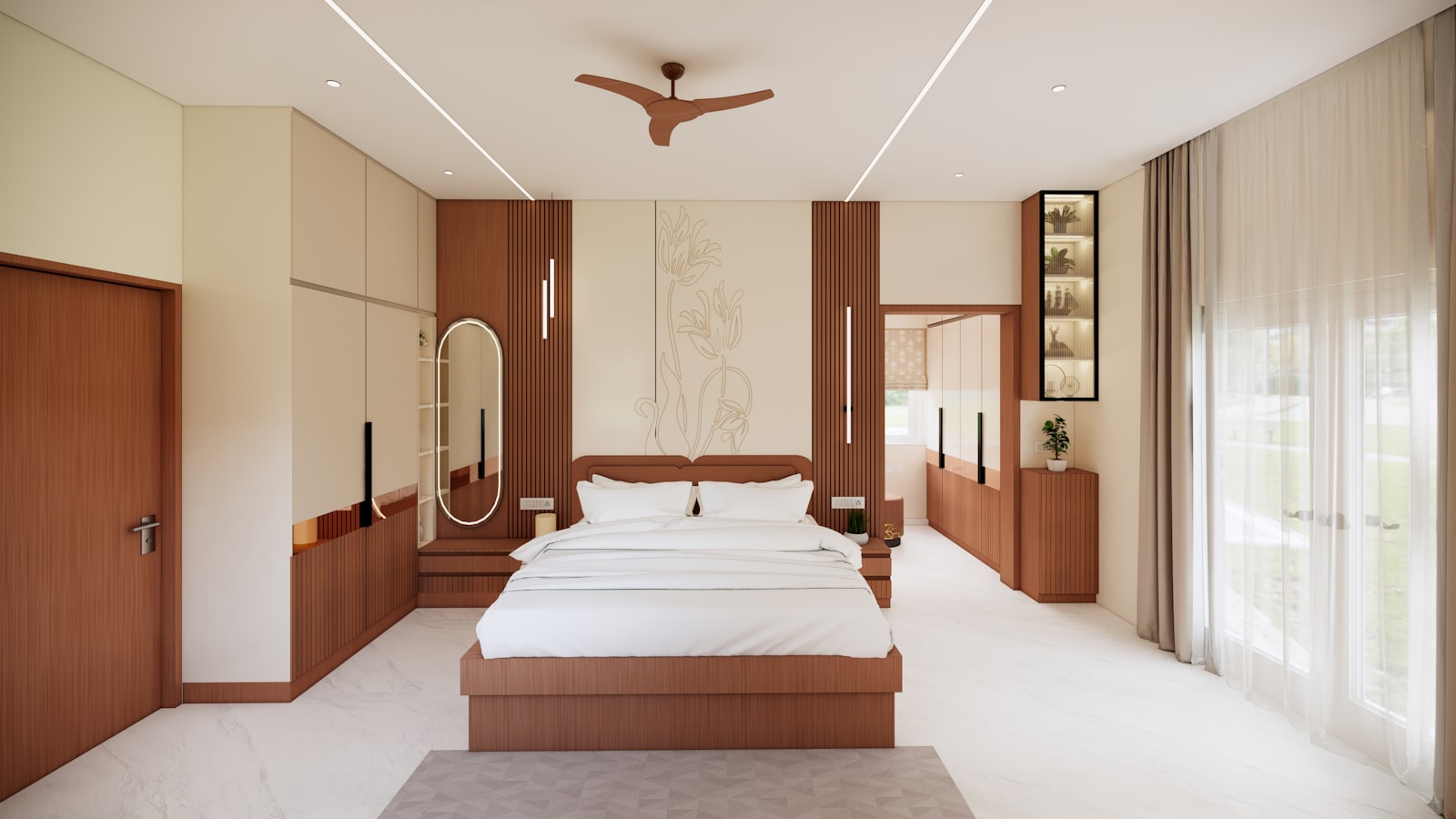 Modern bedroom with wooden accents and a large bed.